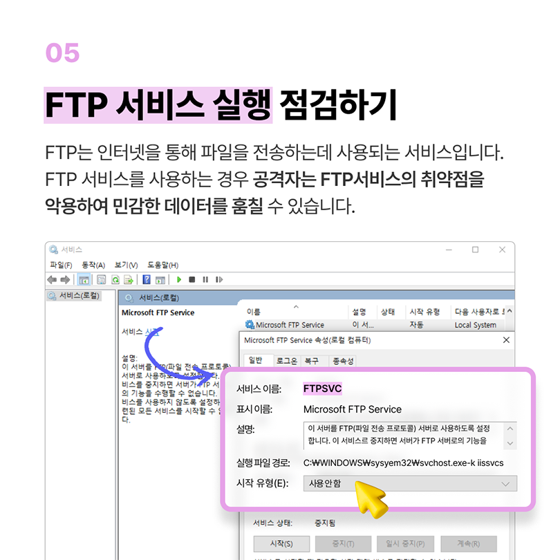 05 FTP 서비스 실행 점검하기. FTP는 인터넷을 통해 파일을 전송하는데 사용되는 서비스입니다. FTP 서비스를 사용하는 경우 공격자는 FTP서비스의 취약점을 악용하여 민감한 데이터를 훔칠 수 있습니다. 서비스 - 서비스(로컬) - Microsoft FTP Service 속성(로컬 컴퓨터) - 시작 유형(E) 사용안함
